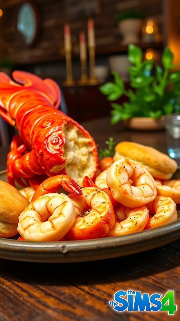 A beautiful seafood dish inspired by Red Lobster, featuring lobster tail, shrimp, and biscuits, set in a cozy Sims 4 dining environment.